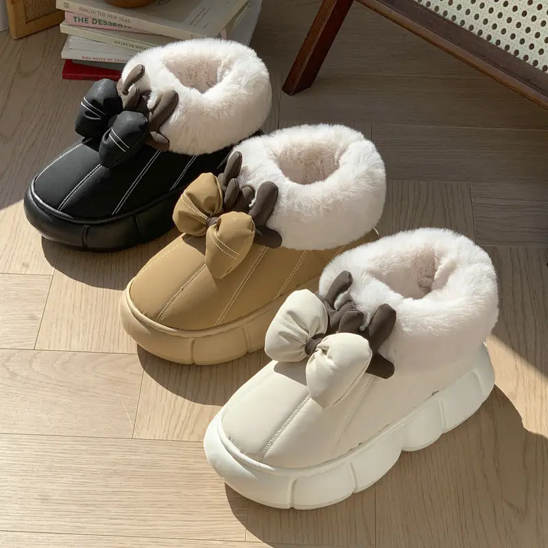 Women's Cute Bow Antler Fleece Snow Boots Cream