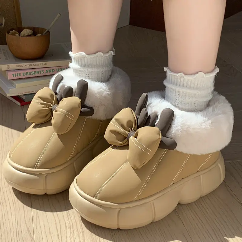 Women's Cute Bow Antler Fleece Snow Boots Cream