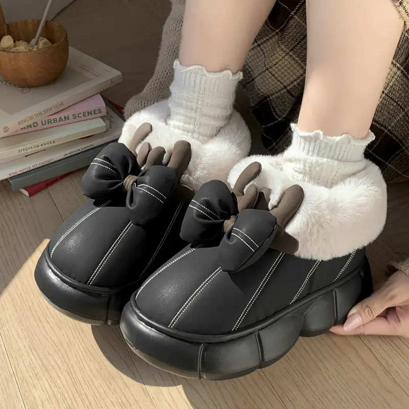 Women's Cute Bow Antler Fleece Snow Boots Cream