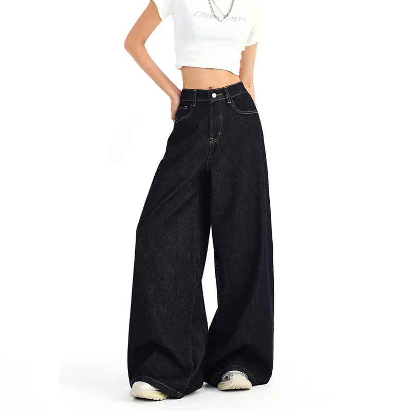 Dark Blue Wide Leg Distressed Jeans 2025 Women