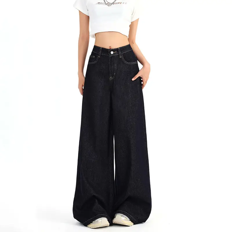 Dark Blue Wide Leg Distressed Jeans 2025 Women