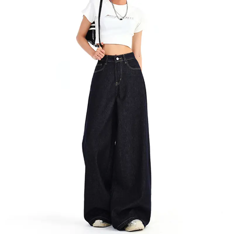 Dark Blue Wide Leg Distressed Jeans 2025 Women