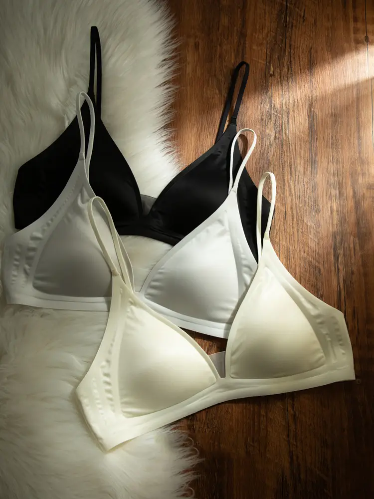 Cynl Milk Satin French Deep V Neck Intimates Women's Summer Spaghetti Straps Seamless Triangle Cup Small Breasts No Rims Thin Bra — feature 11