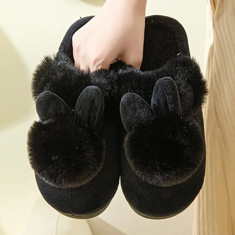 Furry Slippers for Women 2025 Winter New Korean Style Bunny Plush Indoor Room Silent Bag Heel Warm Cotton Slippers