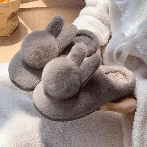 Furry Slippers for Women 2025 Winter New Korean Style Bunny Plush Indoor Room Silent Bag Heel Warm Cotton Slippers
