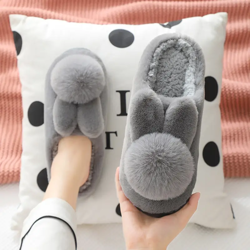 Furry Slippers for Women 2025 Winter New Korean Style Bunny Plush Indoor Room Silent Bag Heel Warm Cotton Slippers