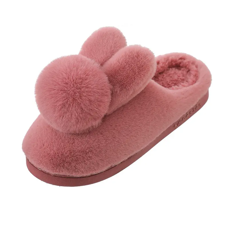 Furry Slippers for Women 2025 Winter New Korean Style Bunny Plush Indoor Room Silent Bag Heel Warm Cotton Slippers