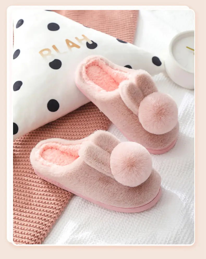 Furry Slippers for Women 2025 Winter New Korean Style Bunny Plush Indoor Room Silent Bag Heel Warm Cotton Slippers — feature 9