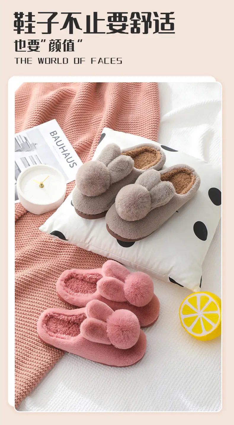 Furry Slippers for Women 2025 Winter New Korean Style Bunny Plush Indoor Room Silent Bag Heel Warm Cotton Slippers — feature 6