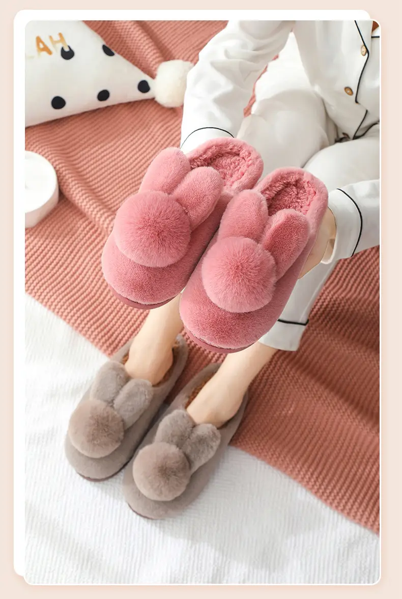 Furry Slippers for Women 2025 Winter New Korean Style Bunny Plush Indoor Room Silent Bag Heel Warm Cotton Slippers — feature 8