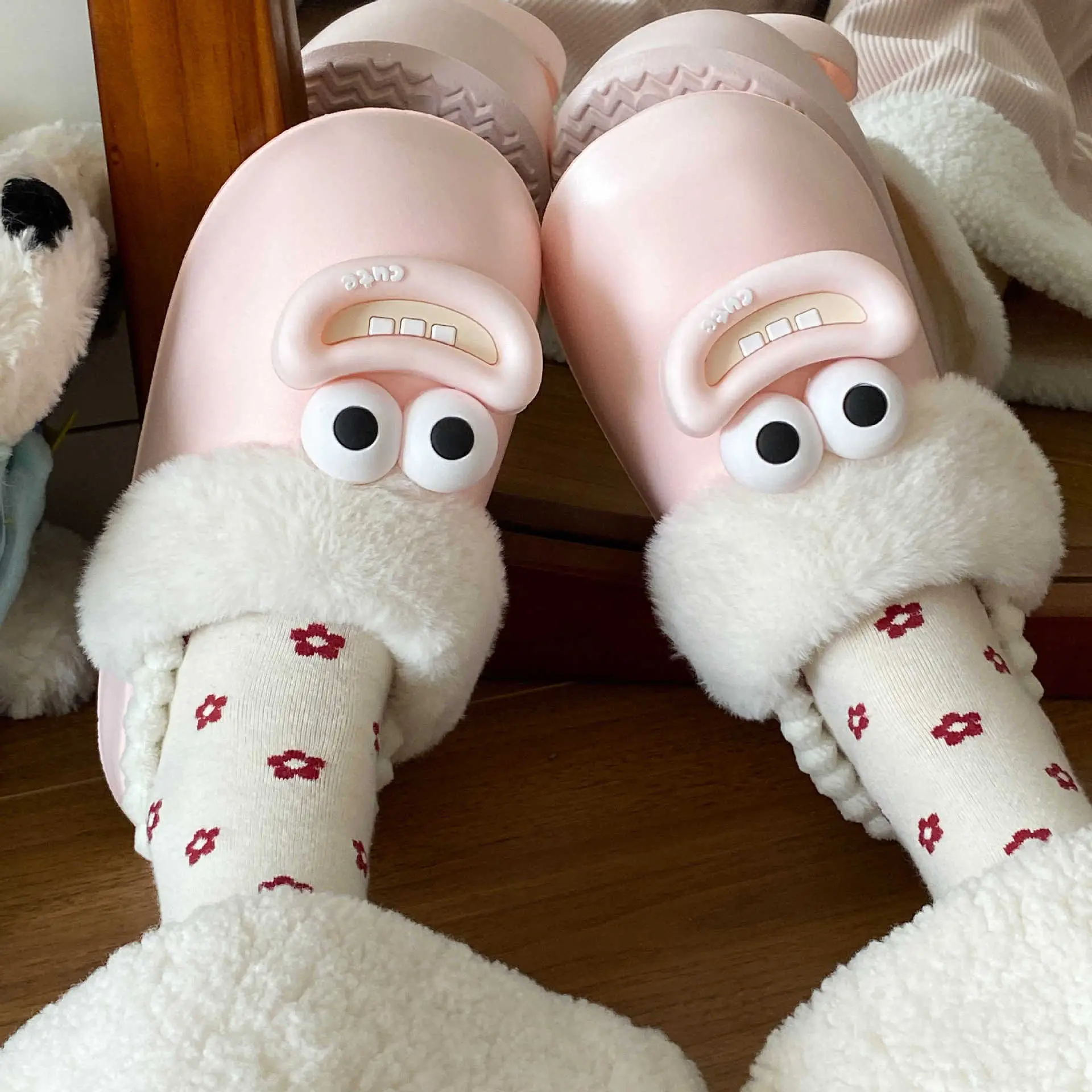 Cute Pink Furry Cotton Slippers for Women - Image 5