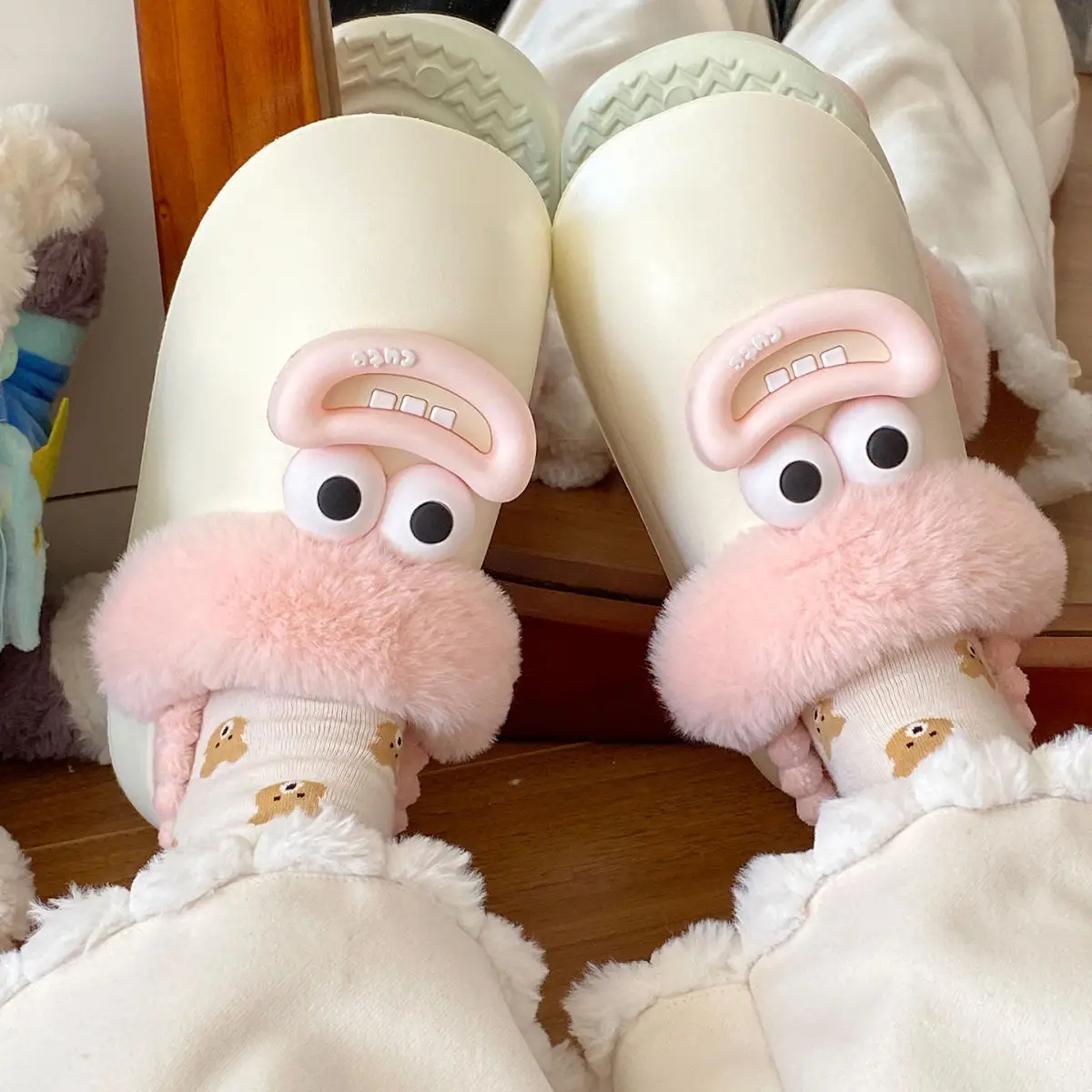 Cute Pink Furry Cotton Slippers for Women — feature 40