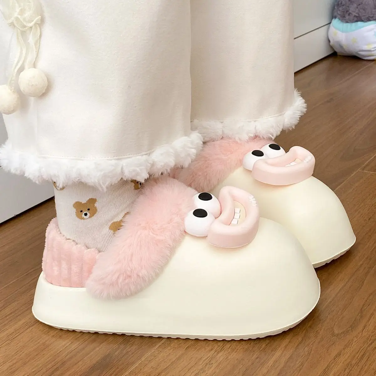 Cute Pink Furry Cotton Slippers for Women — feature 41