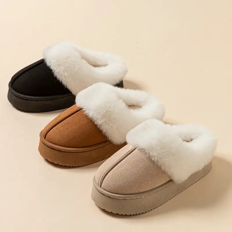 Winter Warm Cotton Slippers for Women Indoor Home Thick-Soled Non-Slip Fleece-Lined Warm Non-Shedding Retro Plush Slippers