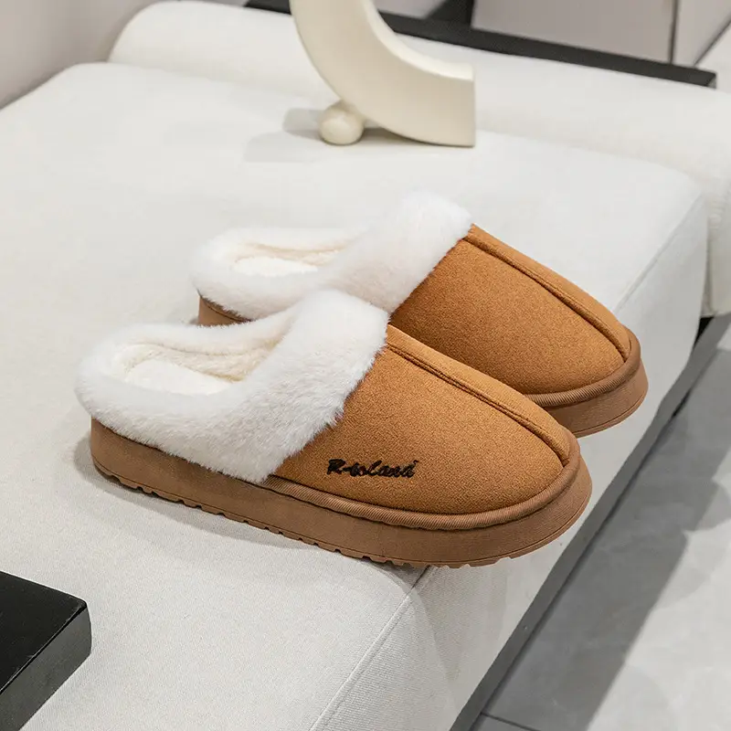 Winter Warm Cotton Slippers for Women Indoor Home Thick-Soled Non-Slip Fleece-Lined Warm Non-Shedding Retro Plush Slippers
