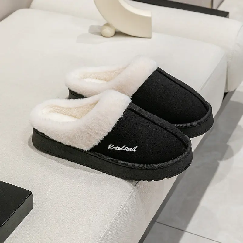 Winter Warm Cotton Slippers for Women Indoor Home Thick-Soled Non-Slip Fleece-Lined Warm Non-Shedding Retro Plush Slippers