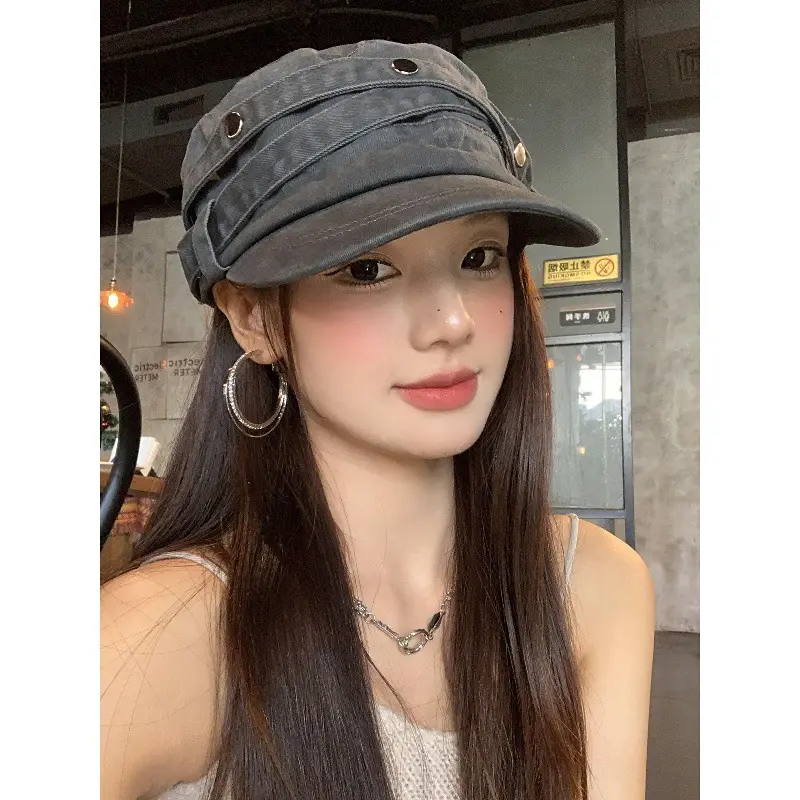 Women Distressed Rivet Cap Face Slimming Casual Hat