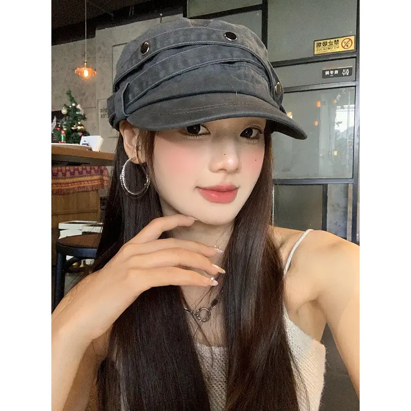 Women Distressed Rivet Cap Face Slimming Casual Hat