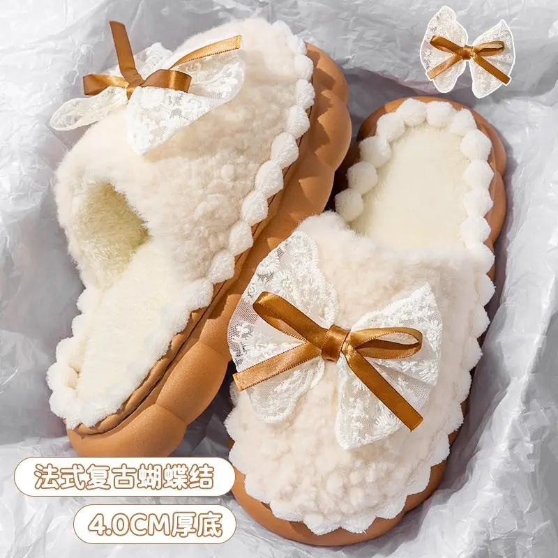Women's Warm Plush Wool Slippers Purple Bow Decor - Image 16