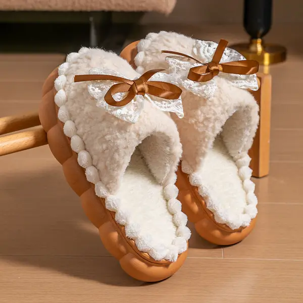 Women's Warm Plush Wool Slippers Purple Bow Decor - Image 2