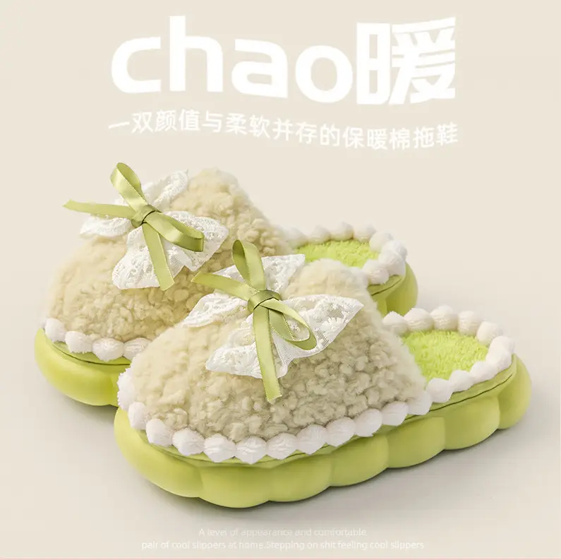 Women's Warm Plush Wool Slippers Purple Bow Decor - Image 4