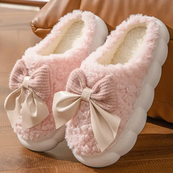 Women's Warm Plush Wool Slippers Purple Bow Decor - Image 5