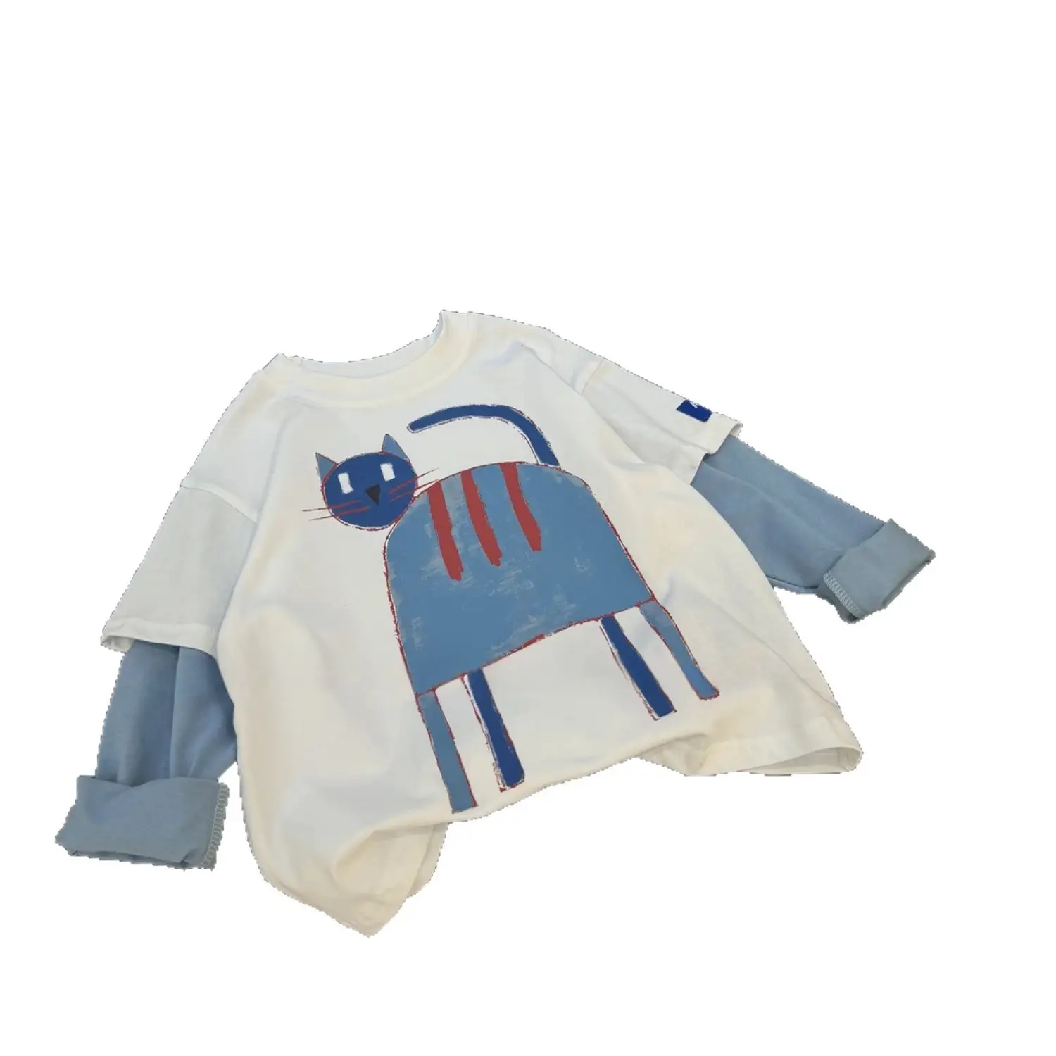 Boys Cartoon Cat Long Sleeve T-Shirt White Blue Medium