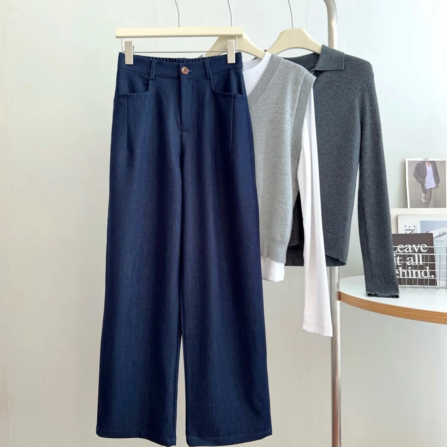 Dark Blue Wide Leg Pants for Women Casual Commute