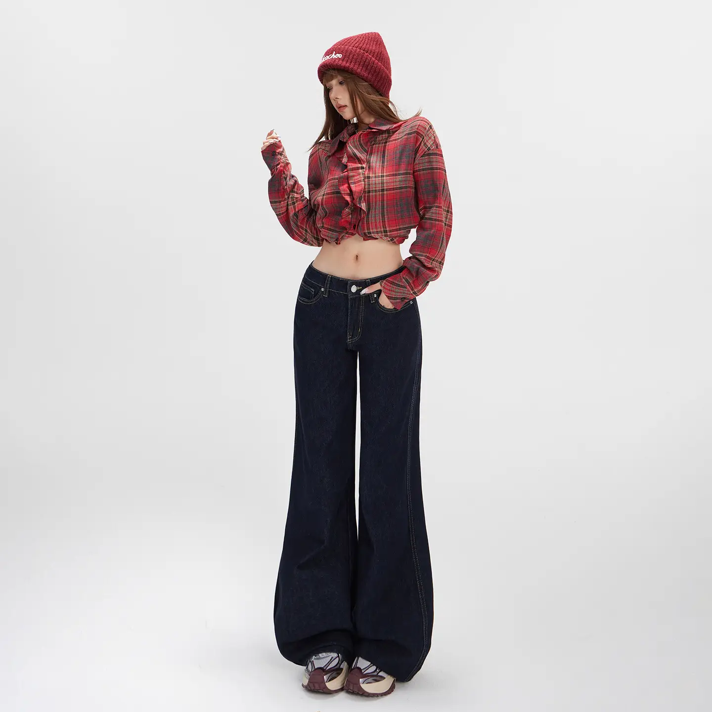 Women Plaid Crop Pants Set Dark Blue Wide Leg