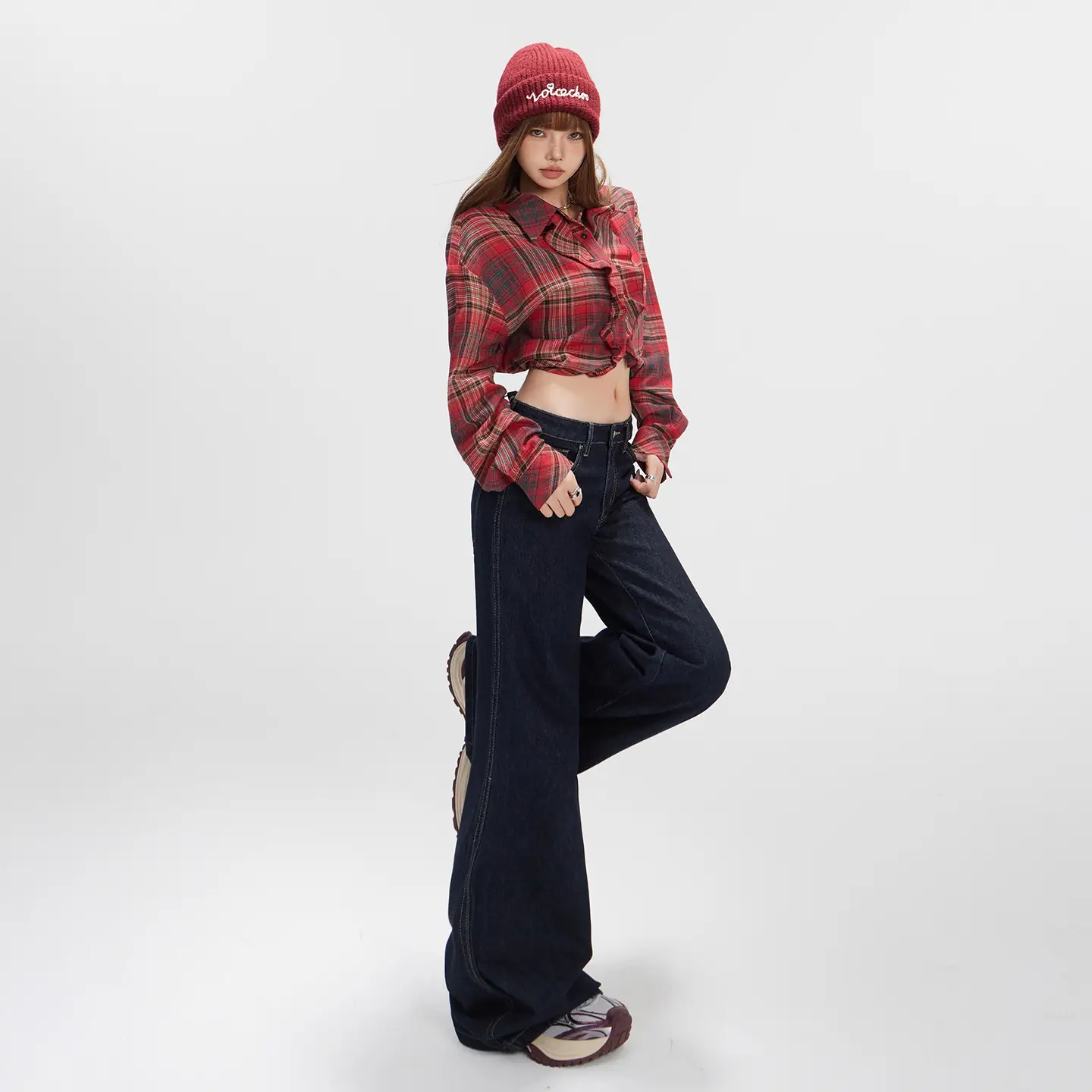 Women Plaid Crop Pants Set Dark Blue Wide Leg