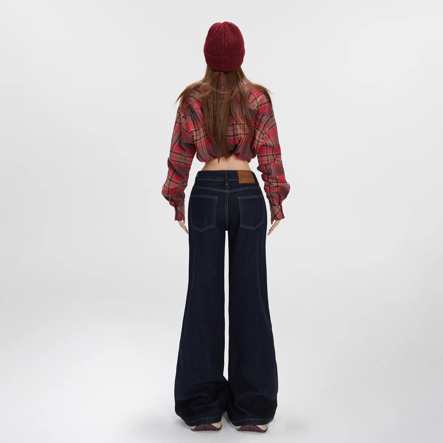 Women Plaid Crop Pants Set Dark Blue Wide Leg