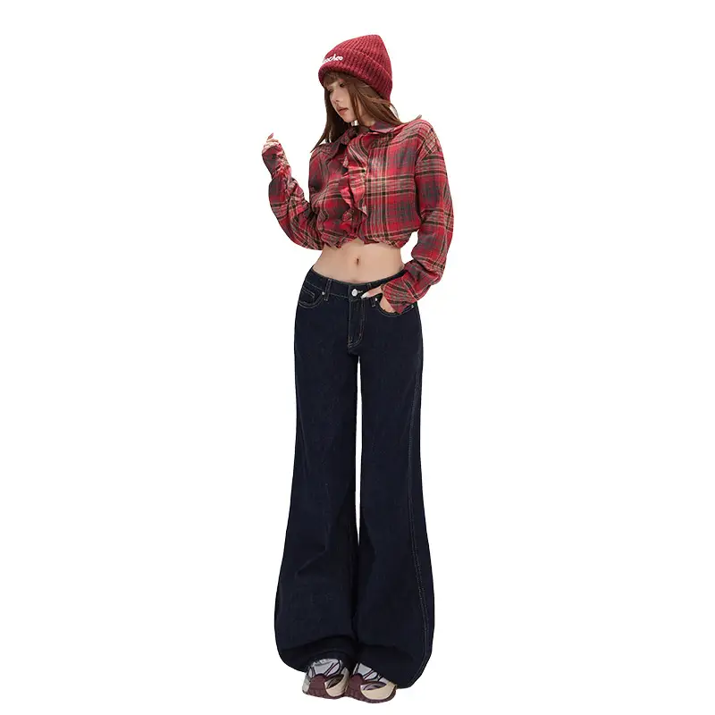 Women Plaid Crop Pants Set Dark Blue Wide Leg