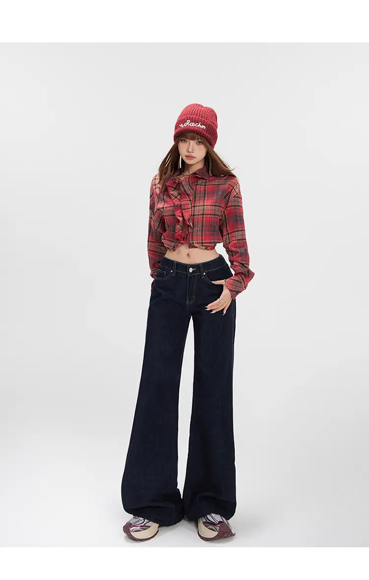 Women Plaid Crop Pants Set Dark Blue Wide Leg — feature 10