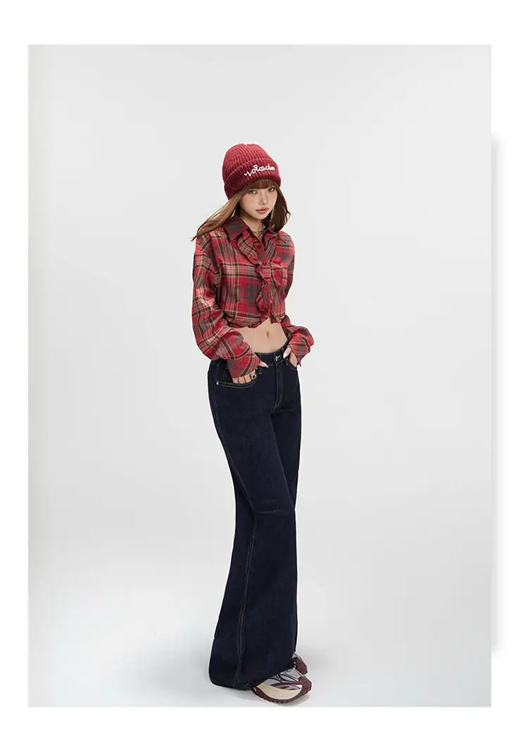 Women Plaid Crop Pants Set Dark Blue Wide Leg — feature 12