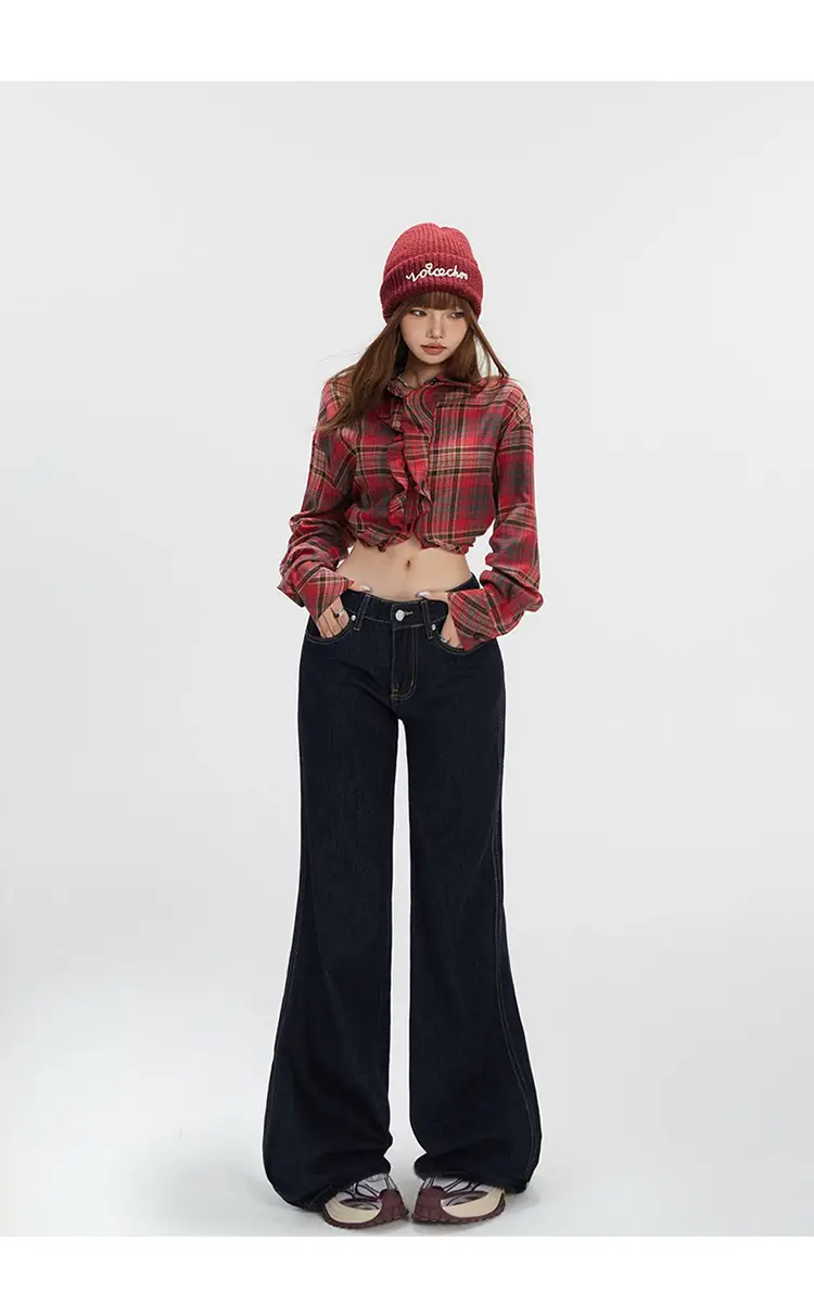 Women Plaid Crop Pants Set Dark Blue Wide Leg — feature 15