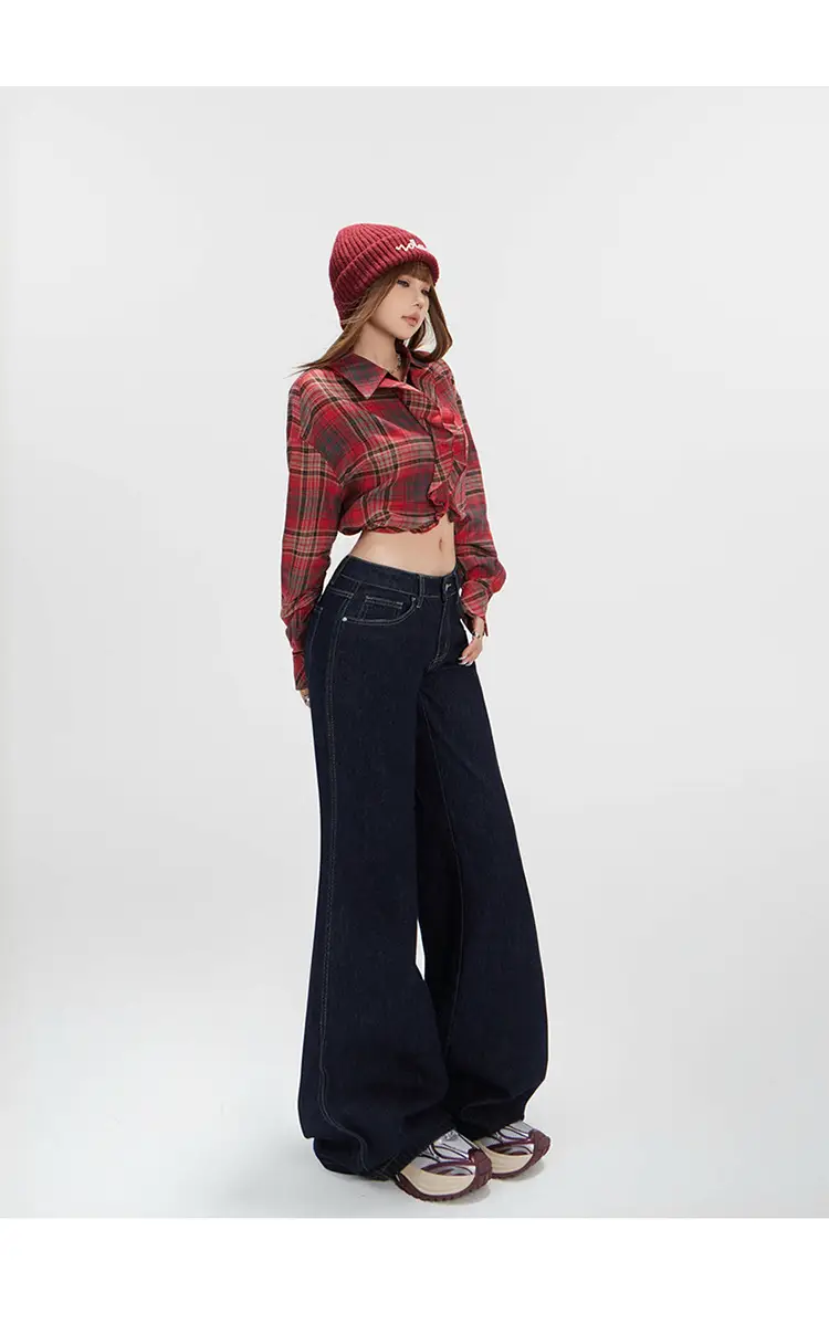 Women Plaid Crop Pants Set Dark Blue Wide Leg — feature 16