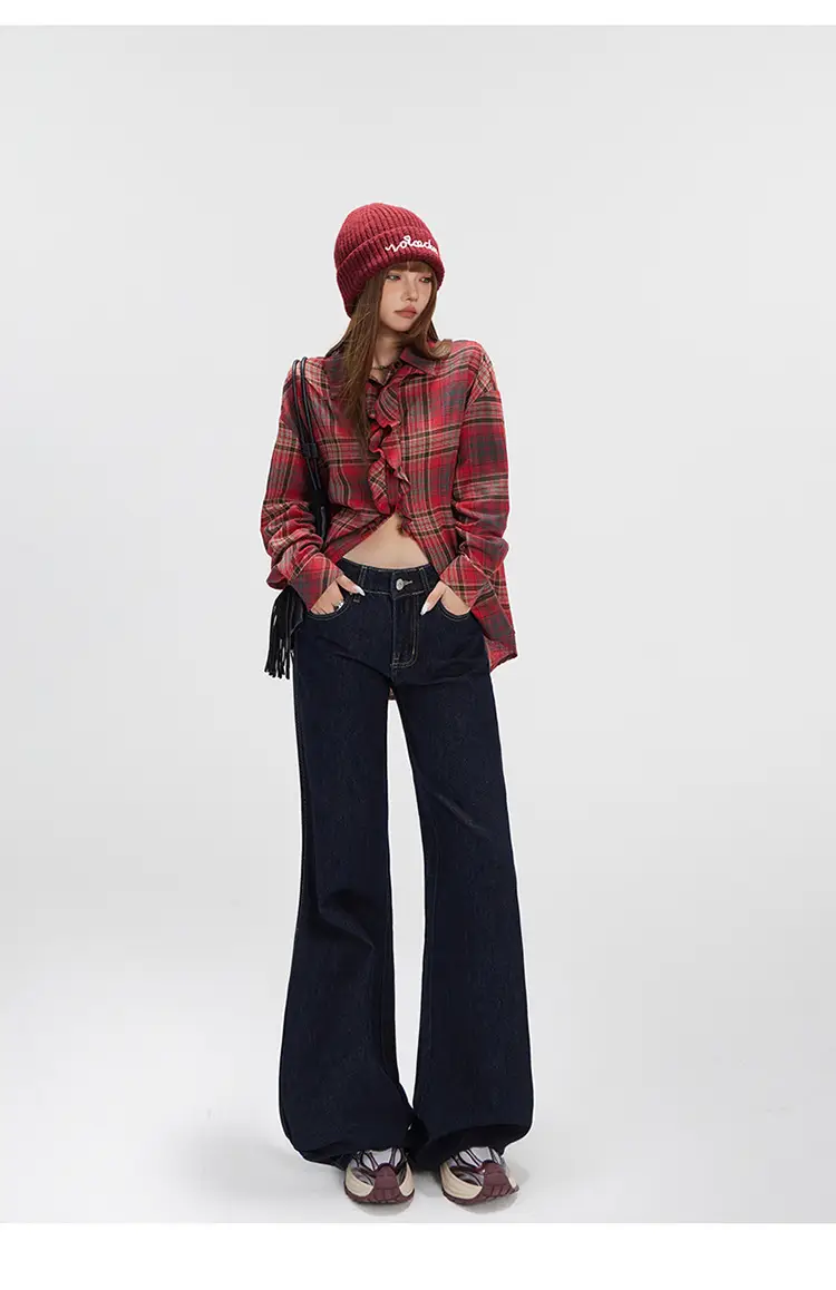 Women Plaid Crop Pants Set Dark Blue Wide Leg — feature 17