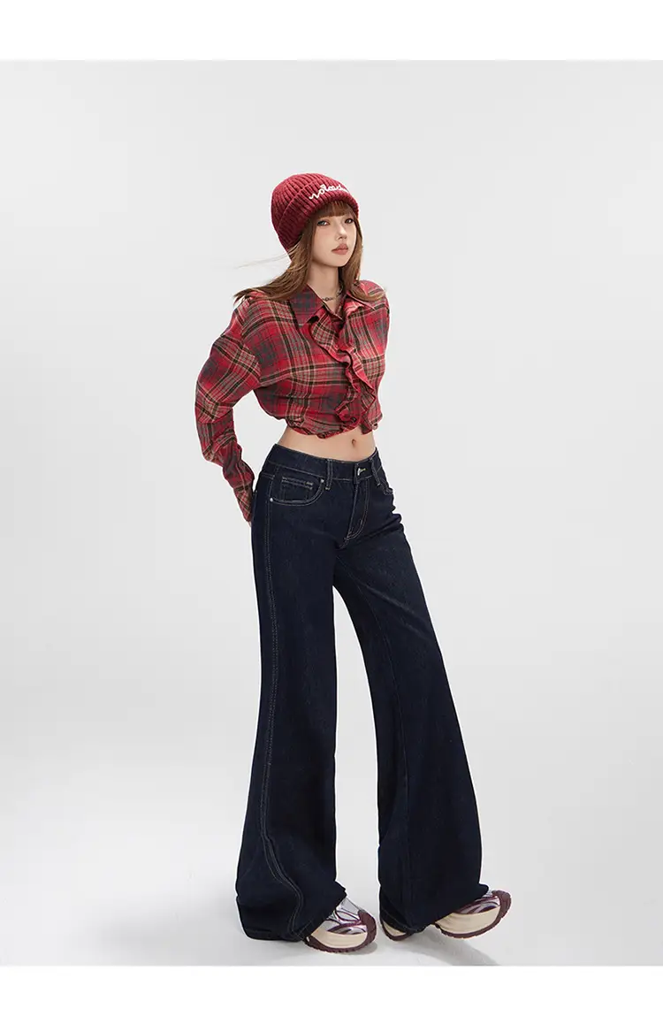 Women Plaid Crop Pants Set Dark Blue Wide Leg — feature 19