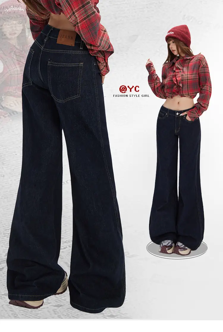 Women Plaid Crop Pants Set Dark Blue Wide Leg — feature 3