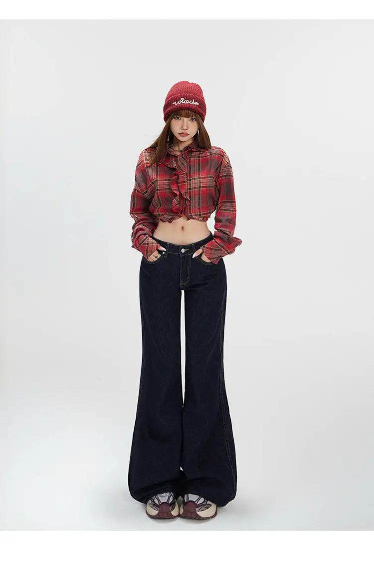 Women Plaid Crop Pants Set Dark Blue Wide Leg — feature 8