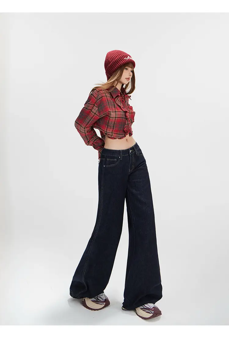 Women Plaid Crop Pants Set Dark Blue Wide Leg — feature 9