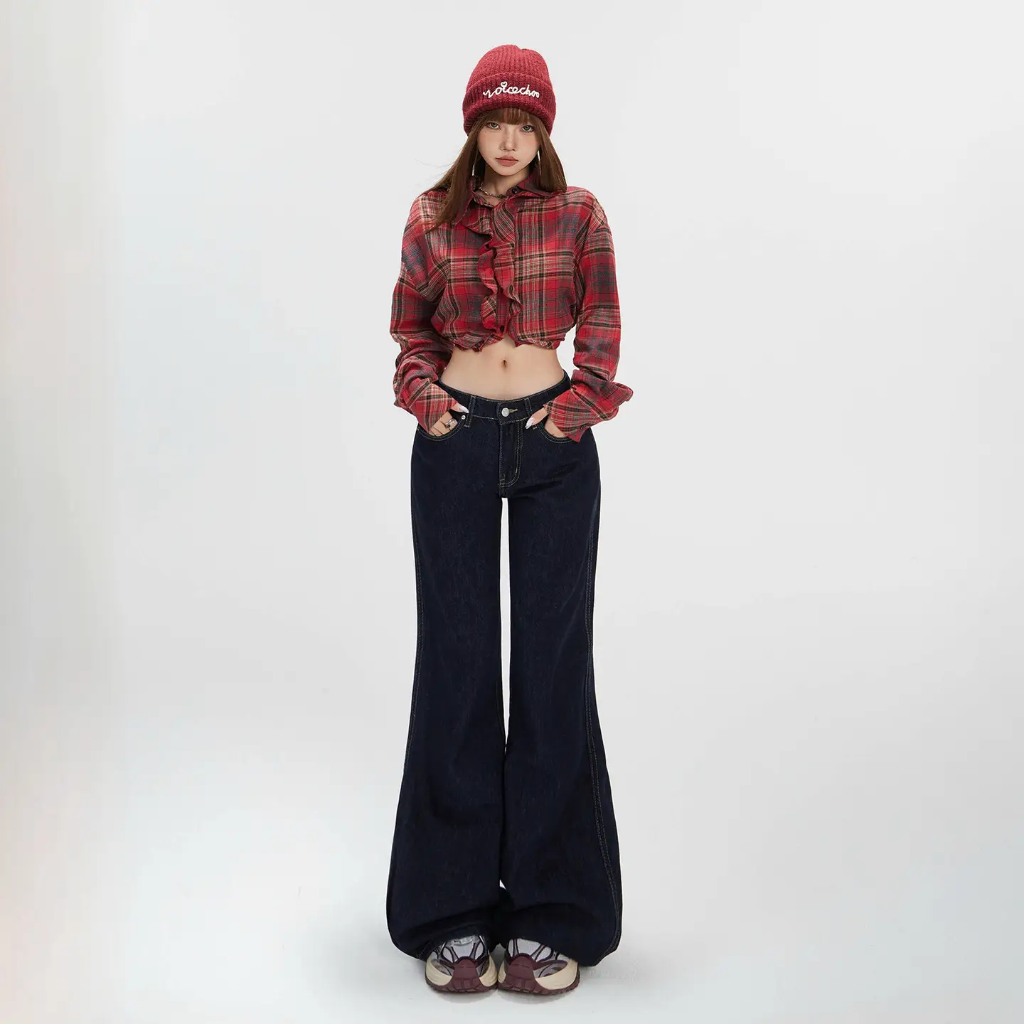Women Plaid Crop Pants Set Dark Blue Wide Leg