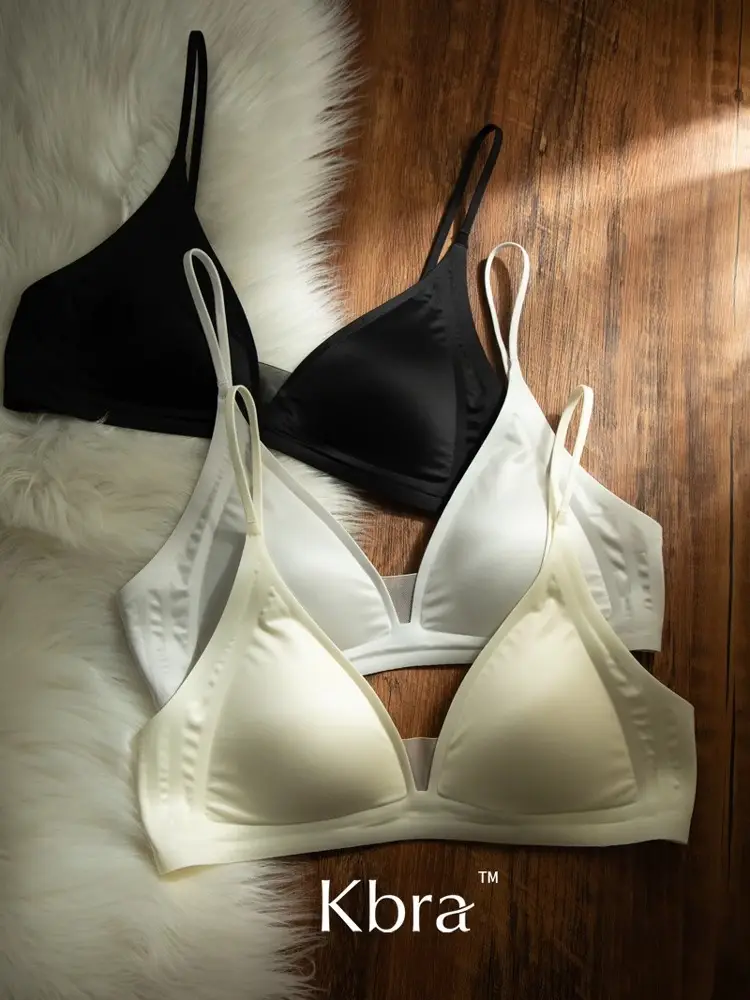 Kbra Milk Satin French Deep V Neck Intimates Women's Summer Spaghetti Straps Seamless Triangle Cup Small Breast No Wire Bra Thin — feature 45