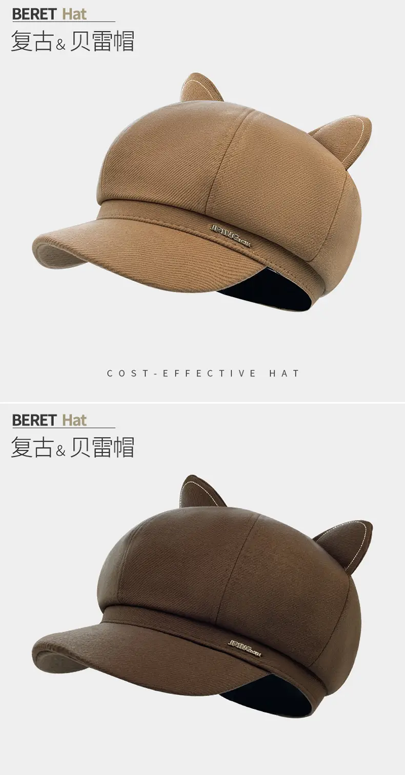 Women Cat Ear Letter Hat Autumn Winter Japanese Retro Face-Slimming Newsboy Cap — feature 27