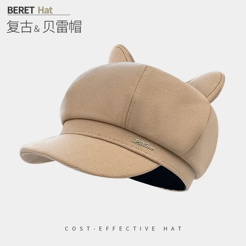 Women Cat Ear Letter Hat Autumn Winter Japanese Retro Face-Slimming Newsboy Cap - Image 2