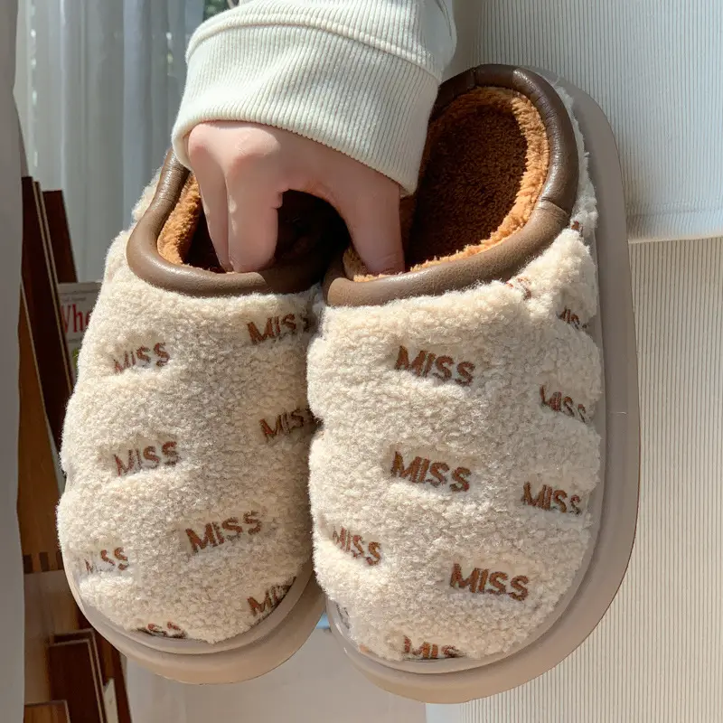New Soft Thick-Soled Embroidered Plush Slippers for Women in Autumn and Winter Couple Shoes for Home Fleece-Lined Warm Non-Slip Cotton Slippers for Men - Image 6