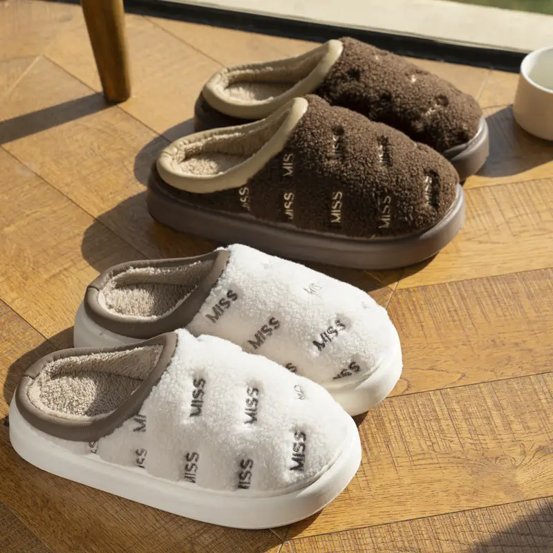 New Soft Thick-Soled Embroidered Plush Slippers for Women in Autumn and Winter Couple Shoes for Home Fleece-Lined Warm Non-Slip Cotton Slippers for Men - Image 7