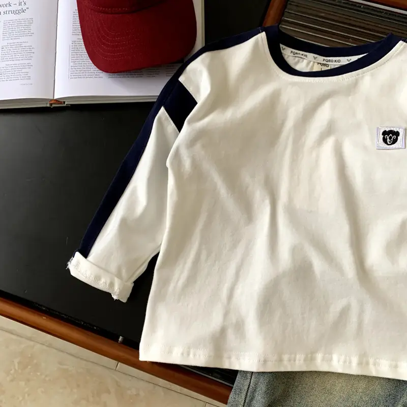 Boys Cotton Long Sleeve T-Shirt White Blue Round Neck - Image 3