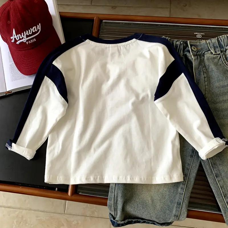 Boys Cotton Long Sleeve T-Shirt White Blue Round Neck - Image 5
