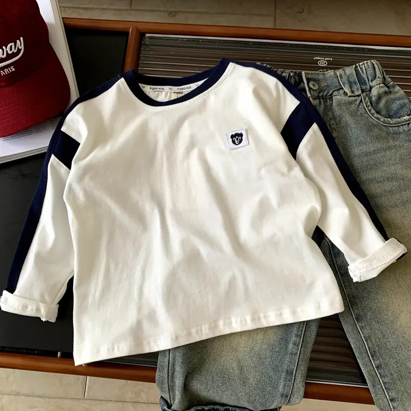 Boys Cotton Long Sleeve T-Shirt White Blue Round Neck — feature 2